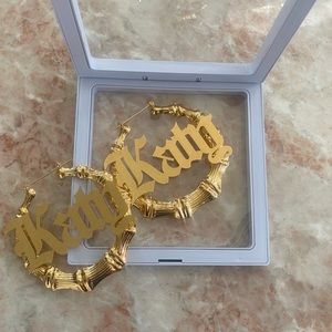 “Katy”Bamboo Hoop Name Plate Earrings, 18K Gold Plated, Personalized Jewelry
